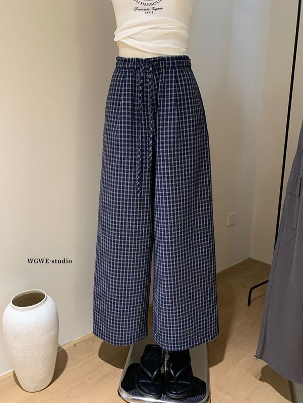 【工厂现货】慵懒风松紧高腰系带格子裤女通勤遛弯裤休闲裤阔腿裤|undefined