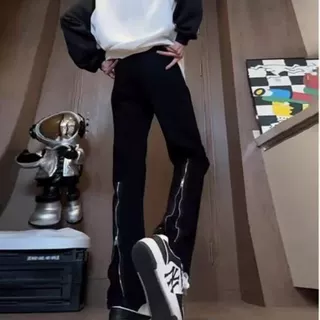 黑色拉链开叉牛仔裤男款春秋修身美式vibe裤子潮牌痞帅直筒微喇裤