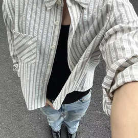 泡泡纱条纹衬衫男女款春秋季潮牌高智感长袖衬衣美式cleanfit外套