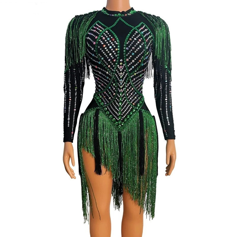 2024 New Green Tassel Silver Diamond Prom Dress Unique Design Latin Samba Prom Dress
