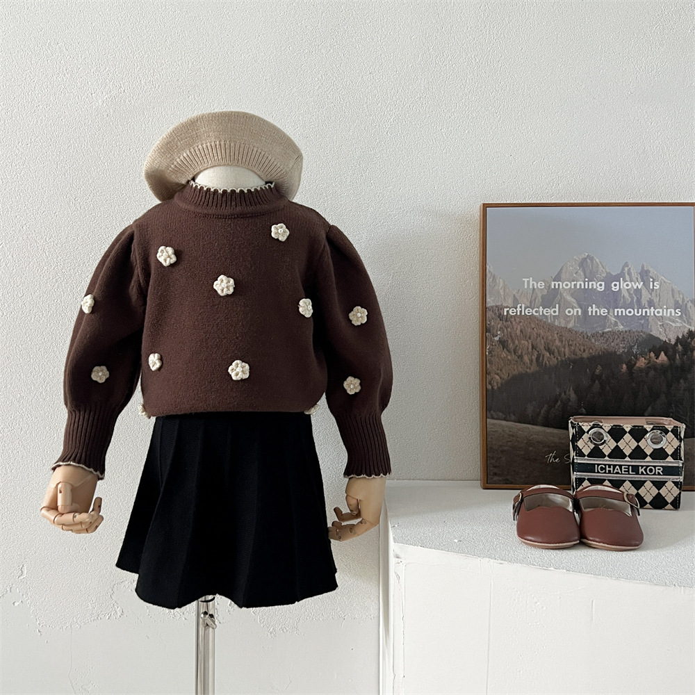 Gonna maglione nuova autunno/inverno 2024, testa lavorata a maglia per bambini, gonna principessa con fiori fatta a mano per bambine, due pezzi_voghion.com