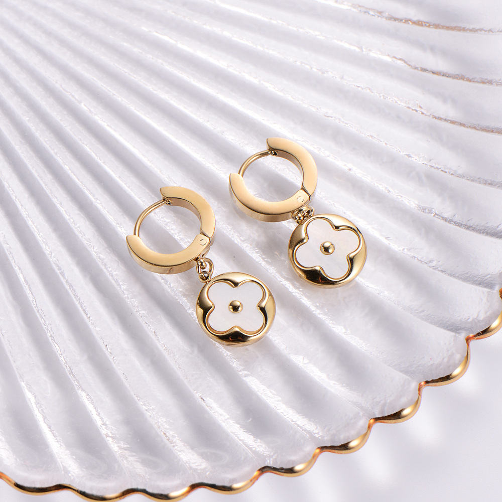 Simple Style Flower Titanium Steel Hoop Earrings Gold Plated Shell Stainless Steel Earrings