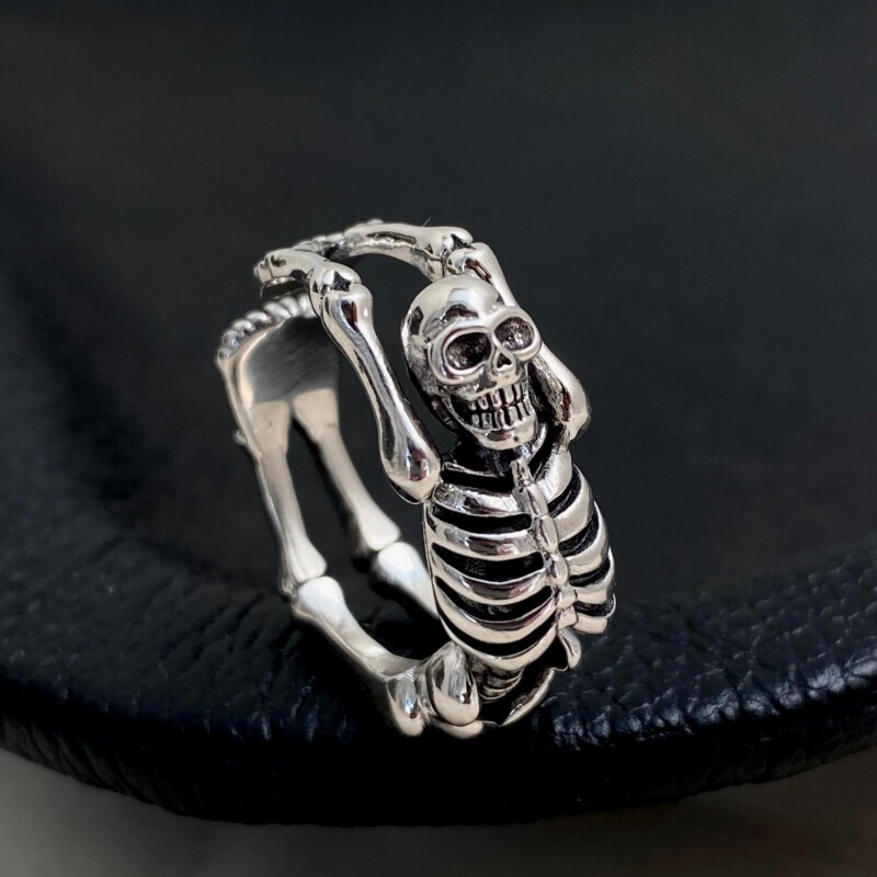 Chiba European and American Retro Thai Silver Skull Skeleton Open Ring Punk Dark Style Cool Unisex Versatile Ring