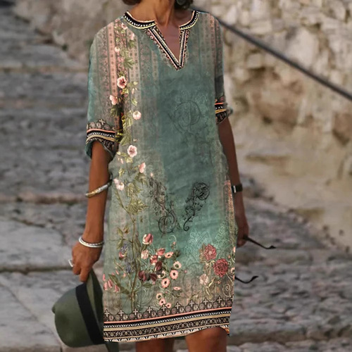 European and American Amazon Temu Cross-border Women's Ethnic-style Printed Casual V-neck Dress with Short Sleeves, Elegant for Commuting