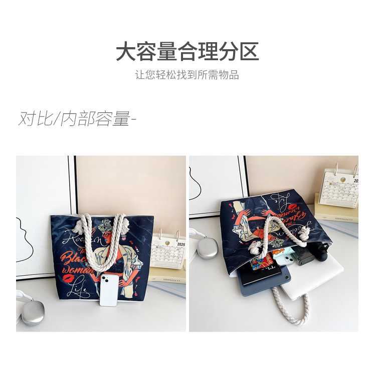 New cross-border tote bag, versatile women's portable shopping bag, creative women's printed aesthetic thick rope beach bag undefined