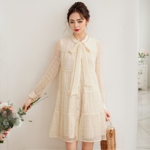 2025春夏新款系带小立领蛋糕裙甜美A型钉珠装饰长袖女裙子连衣裙