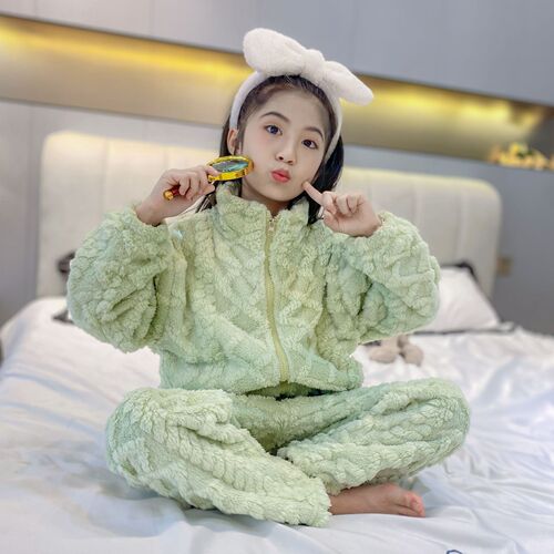 Autumn/Winter Kids Thicker French Terry Pajamas for Girls, Baby Korean Style Homecoming Clothes, Coral Fleece