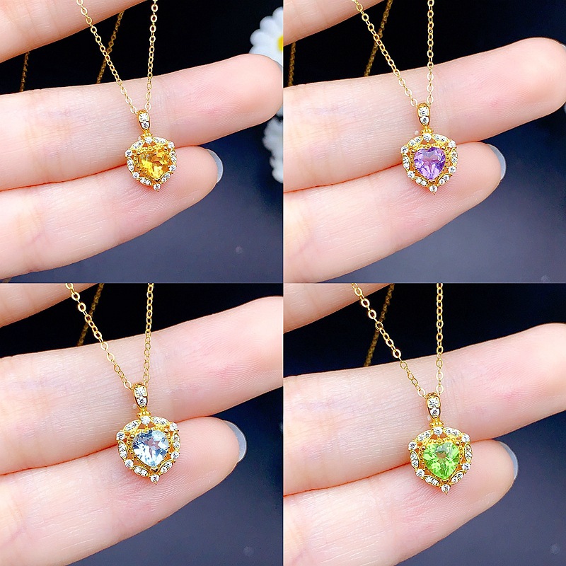New S925 Sterling Silver Heart-Shaped Pendant Inlaid with Natural Citrine, Diopside, and Other Colored Gemstones, Exquisitely Crafted, Factory Outlet