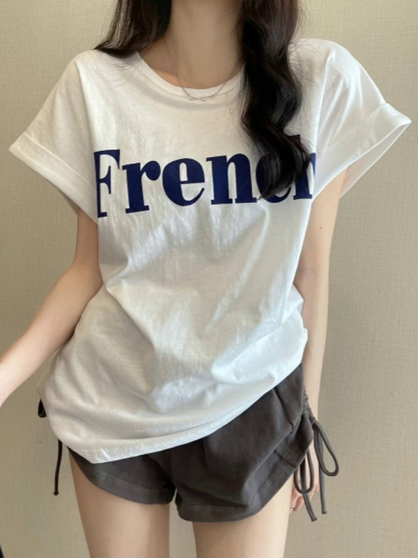 ins純粋な欲望プリントオフショルダー半袖Tシャツレディース夏韓国版新しいルーズラウンドネック半袖ボトムレディースTシャツトレンディ