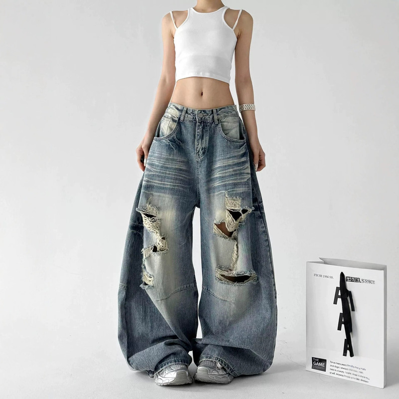 American Retro Washed Vintage Ripped Wide-Leg Jeans for Women, Petite Loose Drapey Wide-Leg Pants for Women American Retro Washed Vintage Ripped Wide-Leg Jeans for Women, Petite Loose Drapey Wide-Leg Pants for Women
