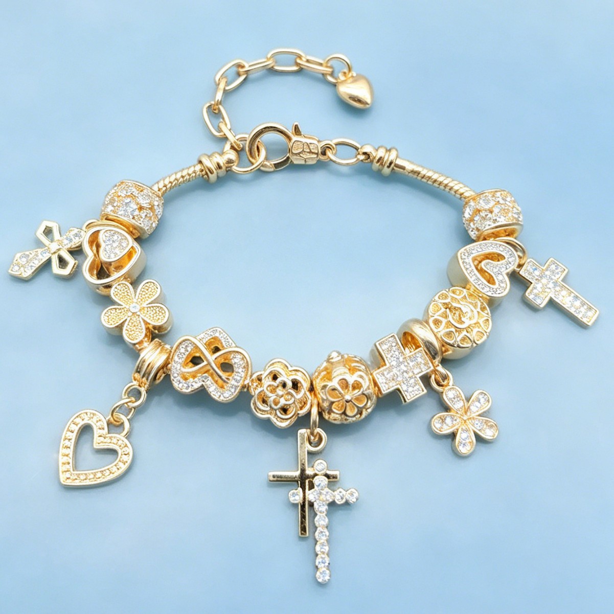 Brazalete de diamante de Panjia doble cruz transfronteriza explosión de mano pesada brazalete de flores huecas colgante de corazón joyas personales image 1