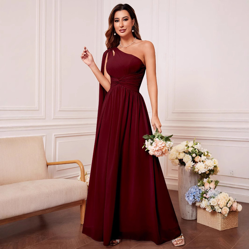 Elegant One-Shoulder Evening Dress 2026 New Arrival Dress Cross-Border Amazon Women's Chiffon Solid Color Long Evening Dress Elegant One-Shoulder Evening Dress 2026 New Arrival Dress Cross-Border Amazon Women's Chiffon Solid Color Long Evening Dress