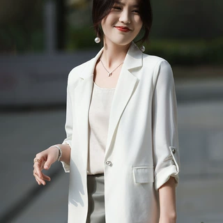 2025新款女醋酸缎面西装女外套气质薄款大码休闲防晒长袖外搭上衣