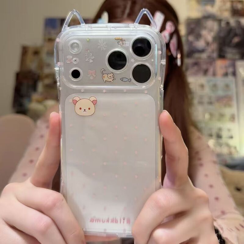 Cat Ears Slim Waist Phone Case Suitable for iPhone 17 Pro Max, 15 Fine Holes, 16 Soft Case, 13 Cute Bear, 12 Cat Ears Slim Waist Phone Case Suitable for iPhone 17 Pro Max, 15 Fine Holes, 16 Soft Case, 13 Cute Bear, 12