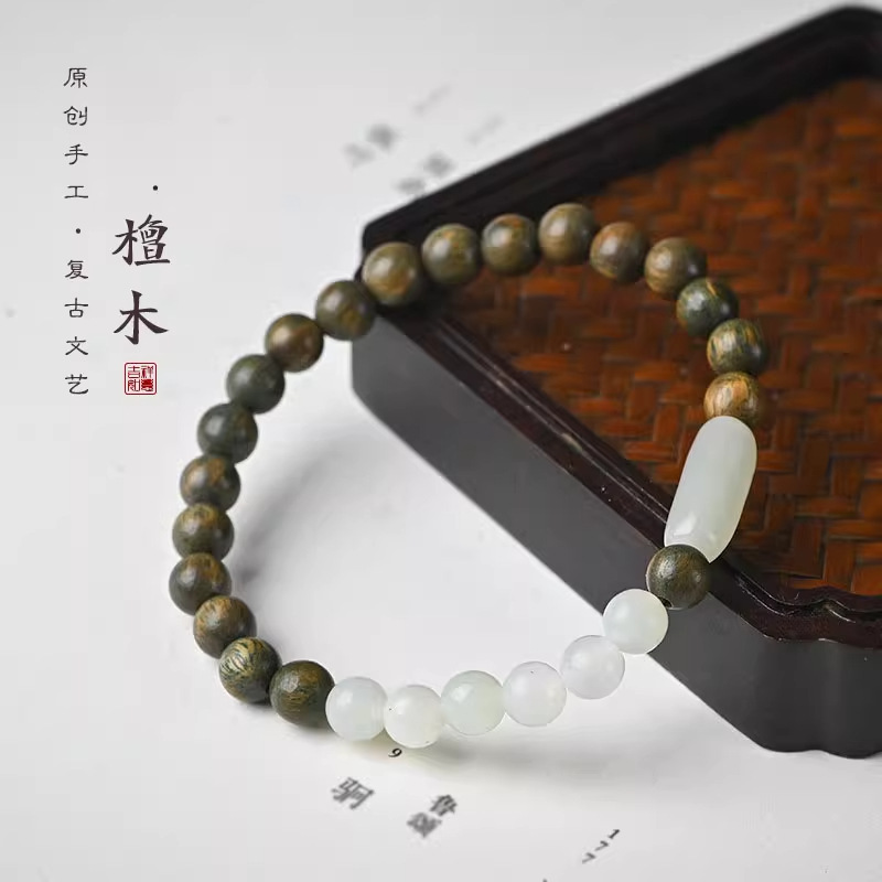 小叶紫檀绿檀6mm手链女 随形和田玉复古单圈檀香黑檀木质佛珠手串