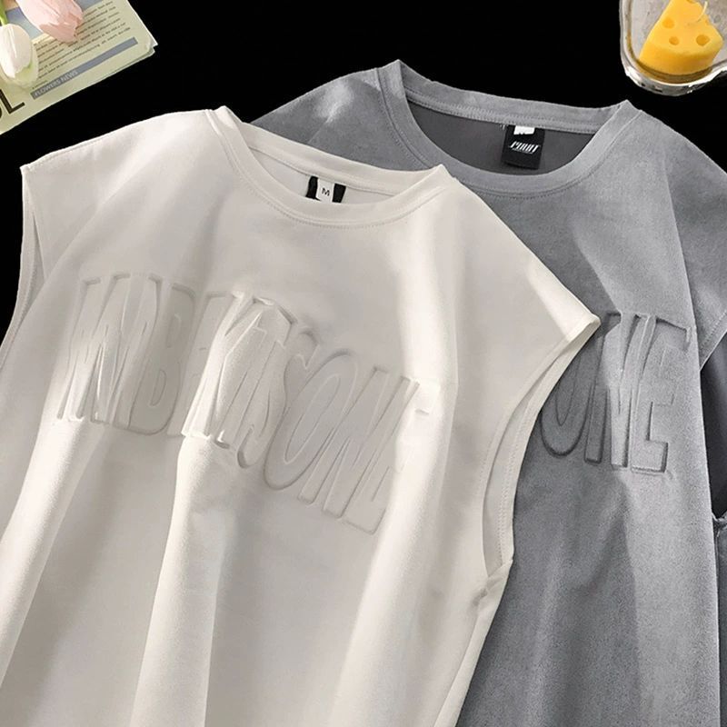 Suede Letter Vest Men's Summer Heavy Sports Casual Basketball Clothes plus size Fitness Sleeveless Waistcoat T-Shirt