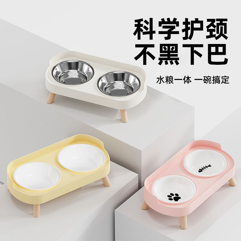 Cuenco doble de cerámica para gatos, cuenco antiderrames para mascotas, cuenco integrado para agua y comida, cuenco de acero inoxidable para perros, protege la columna cervical, cuenco para agua y comida para gatos y perros.