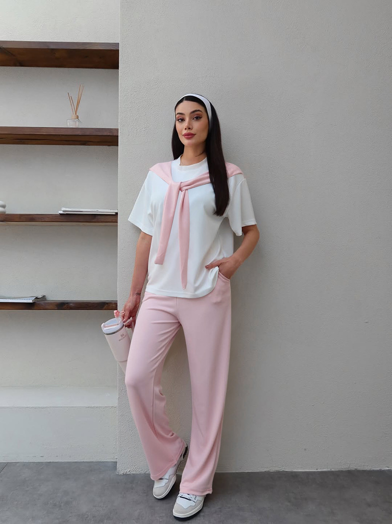 Women's Clothing Women's Faux Wrap Short Sleeve Top And Straight Leg Pants Set Patchwork White Round Neck Summer Fashion Casual Outfit_ecoleips.com