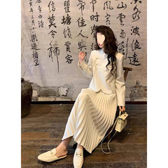 今年流行漂亮套装裙女春秋季新中式国风盘扣外套百褶连衣裙两件套