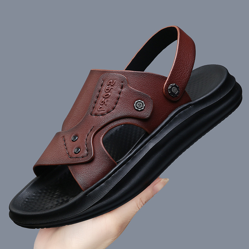 First-Layer Cowhide Men's Sandals for Summer, Non-Slip, Odor-Resistant Beach Shoes, Men's Genuine Leather High-End Sandals, Trendy Style