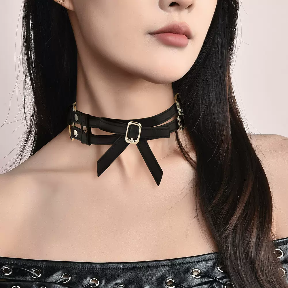 高级时尚choker颈链双层蝴蝶结项圈个性项链女可调节皮质颈带批发