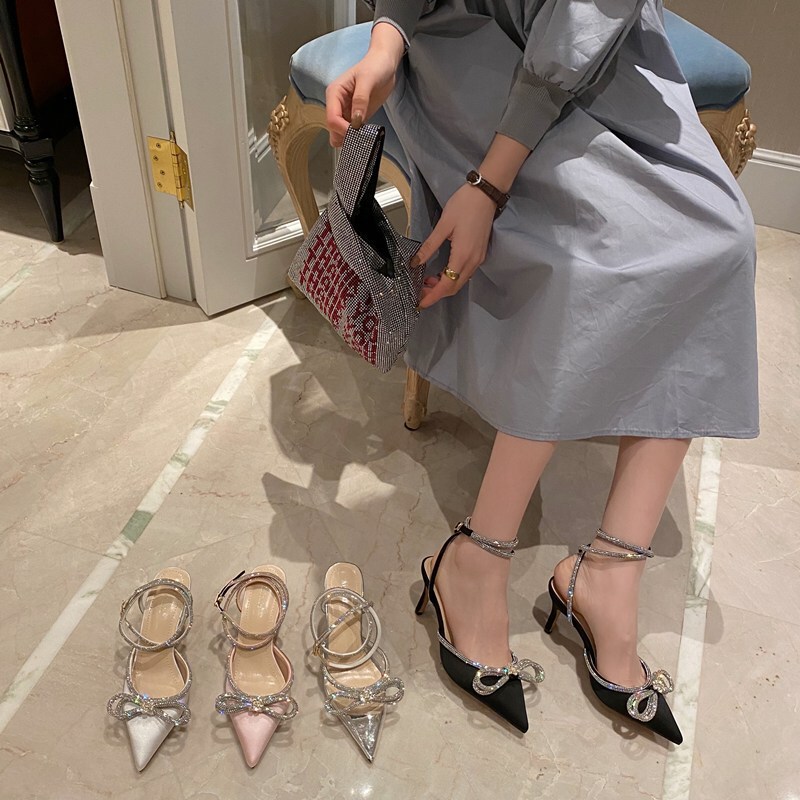 Wholesale heels European and American women's shoes bow French strap rhinestone wrap transparent pointed high heel sandals