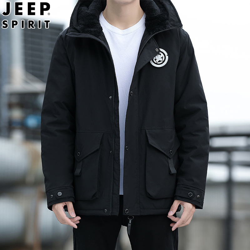 JEEP SPIRIT冬季男士棉衣连帽中长款棉服青年潮流加厚加绒外套男