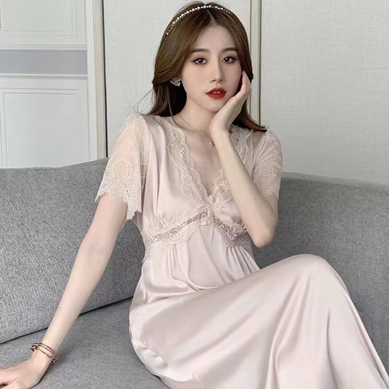 아이스 실크 파자마 여성 여름 새로운 섹시한 아이스 실크 유혹 긴 원피스 봄 가을 플러스 사이즈 슬리밍 잠옷 홈 옷