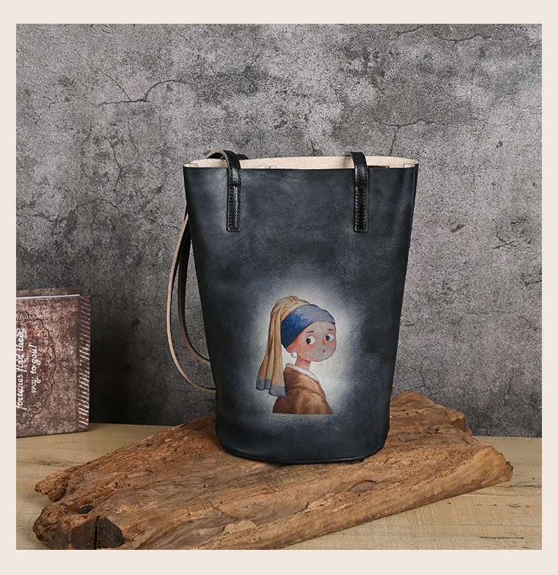 Túi bucket da bò vẽ tay phong cách cổ điển, quai đeo vai — Vàng cổ điển, Nâu cổ điển, Xám cổ điển, Màu trắng be chi tiết 15