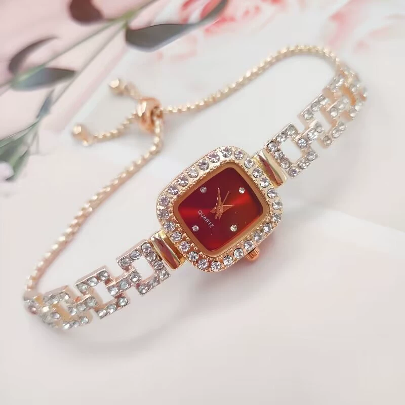 Square Swiss-Style Bracelet Watch, Crystal Accent, Adjustable Chain, Gold & Silver Options