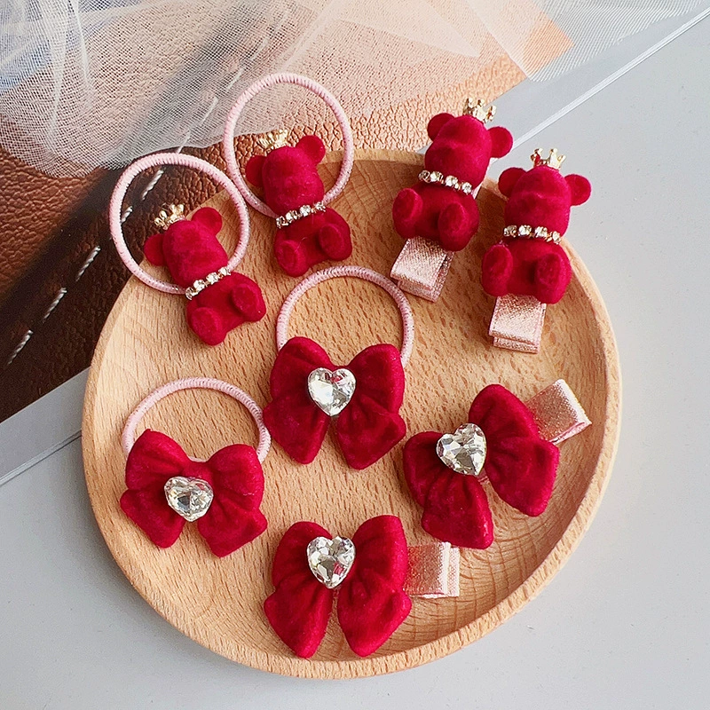 Новогодние праздничные флокированные Детские аксессуары для волос милый медведь бант повязка для волос боковой зажим женская детская повязка для волос зажим для челки