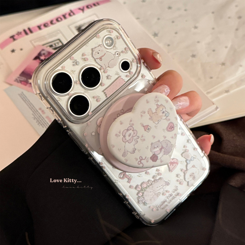 Suitable for 17 Apple 17Pm Mobile Phone Case Iphone16 Magnetic Stand 15 Girly Crushed Flower Cat 13 Soft Case 11