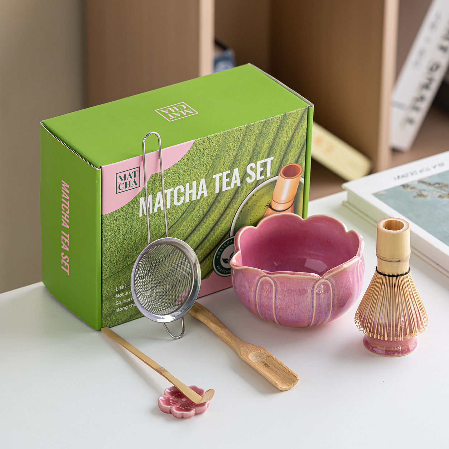 跨境专供陶瓷花瓣抹茶碗套装七件套带嘴抹茶工具刷子百本立可贴标