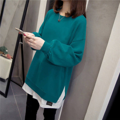 2023 Plus Size Plus Size Fake Two-Piece Sweatshirt for Women Autumn and Winter New Mid-Length T-Shirt Women's Casual Versatile Tops for Women