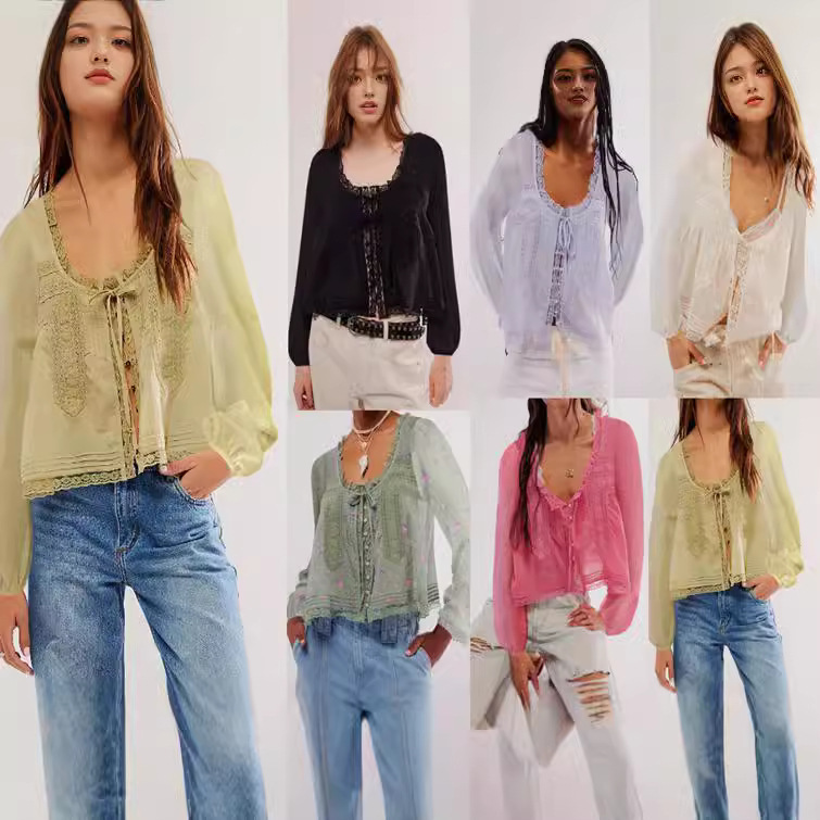 New French Niche Top Autumn Lace Shirt U-shaped Lace Collar Shirt Rubber Sleeve Unique Beautiful Small Shirt