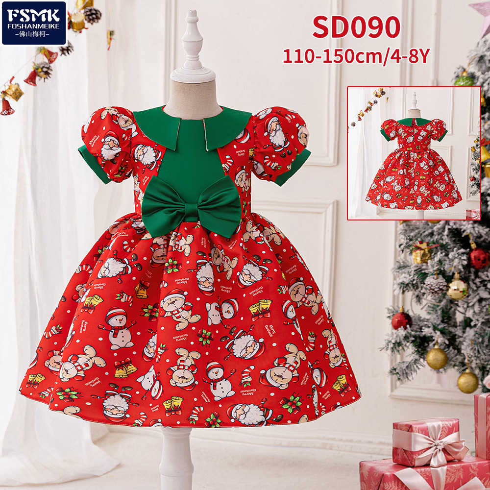 Navidad transfronteriza nueva falda de burbuja manga satén rojo verde vestido de moda vestido de princesa infantil