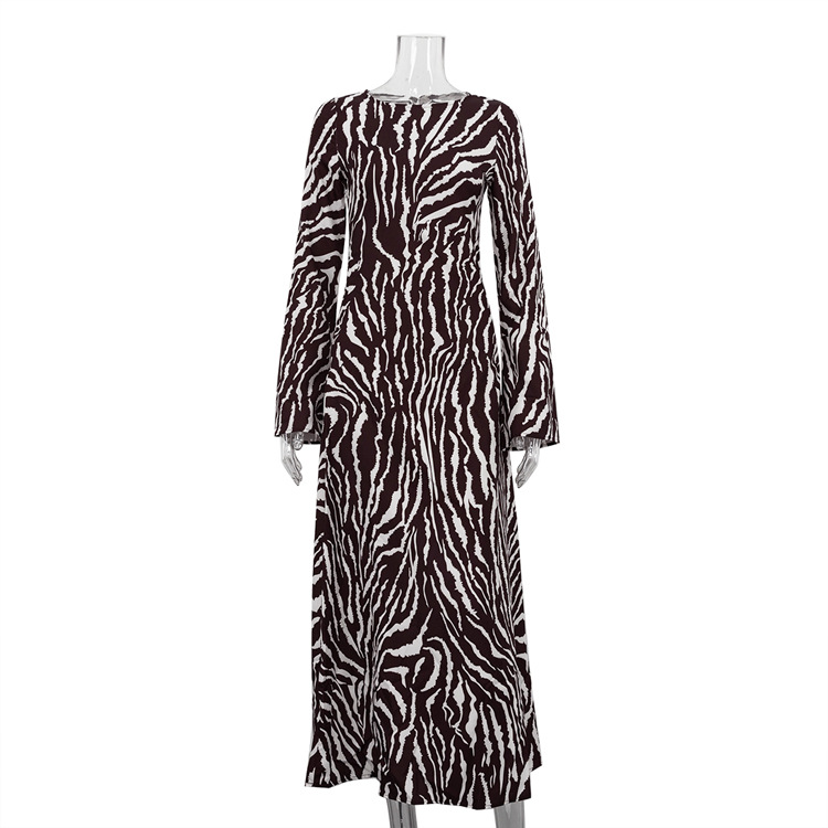 Striped Printing Loose Dress Casual round Neck Long Sleeve Dress Women Autumn Winter