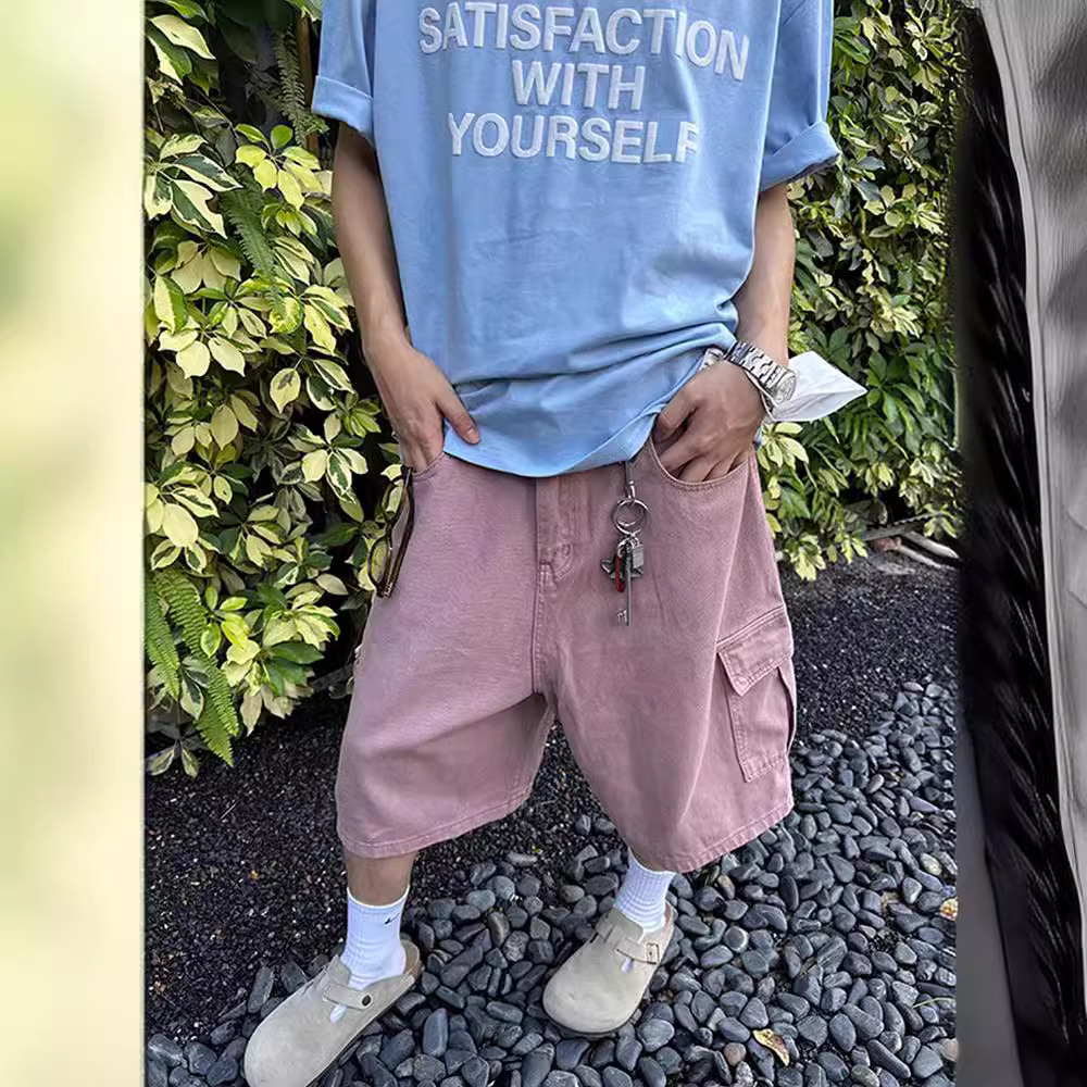 American Style Retro Washed Denim Shorts Men's Summer Casual Loose Straight Wide Leg Trendy Brand Pocket Overalls Capri Pants