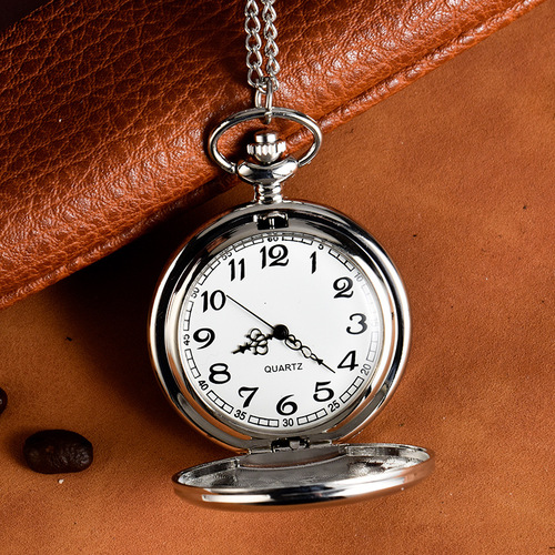 Two-Sided Light Silver Pocket Watch with Regular White Dial, Flip-Open Necklace Watch, Quartz Movement