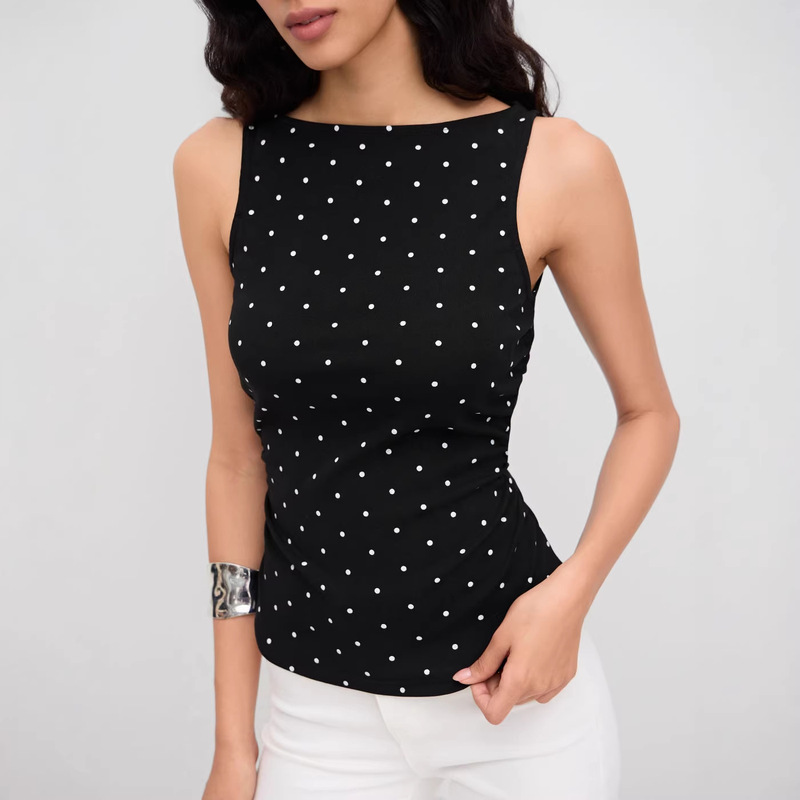 American-Style Polka Dot Base Shirt for Women, Summer Boat Neck Retro Ruched Waist-Slimming Tank Top, Sexy Sleeveless Top American-Style Polka Dot Base Shirt for Women, Summer Boat Neck Retro Ruched Waist-Slimming Tank Top, Sexy Sleeveless Top