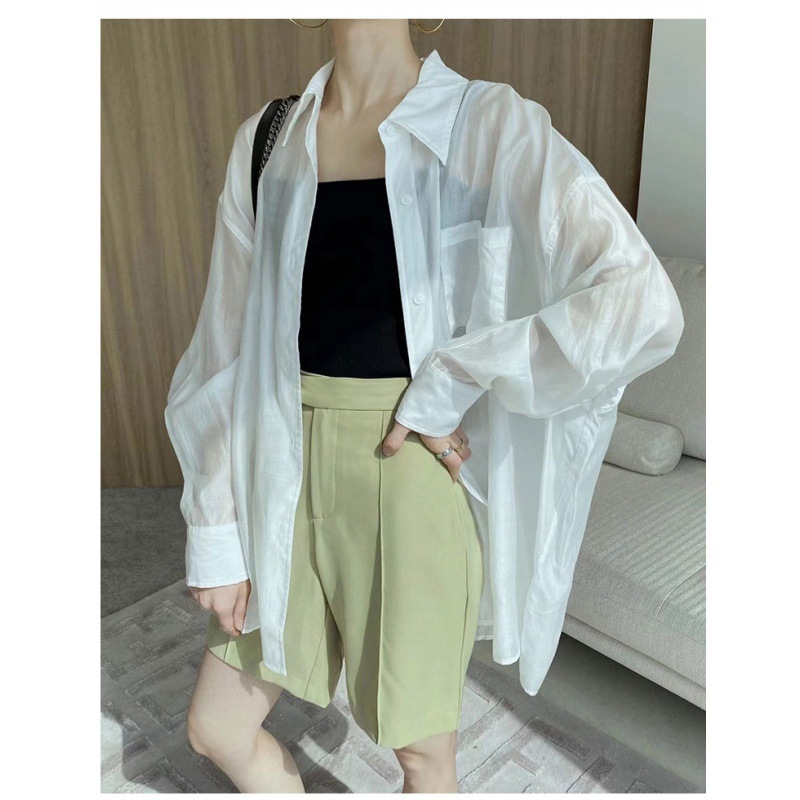 Summer Hong Kong style white Tencel sun protection shirt for women, unique design, loose fit, thin shirt, French chiffon top