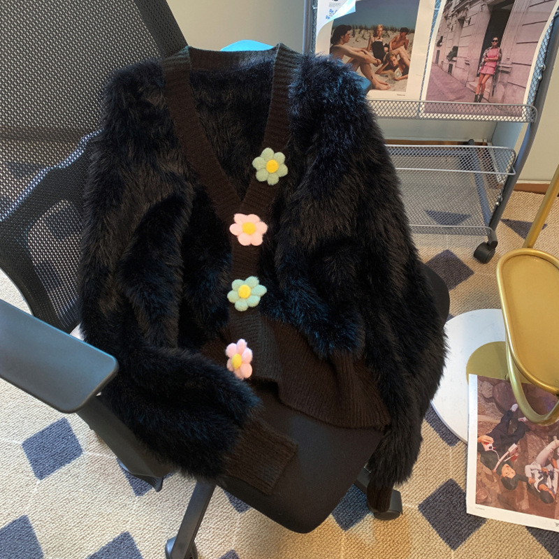 24 invierno Puyuan calidad dulce viento fresco dulce cardigan de cuello en V suelto camisa de estilo de mujer