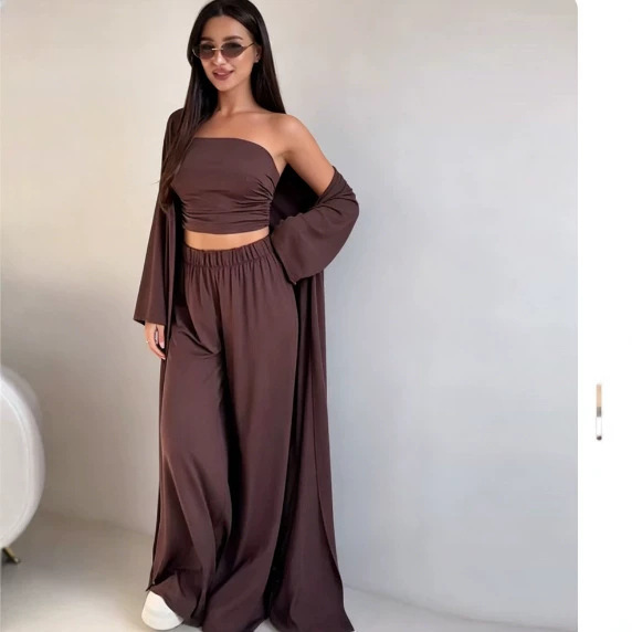 Cross-Border European and American Style Casual Set with Long-Sleeve Cardigan, Straight-Leg Pants, and Tube Top Three-Piece Set Cross-Border European and American Style Casual Set with Long-Sleeve Cardigan, Straight-Leg Pants, and Tube Top Three-Piece Set
