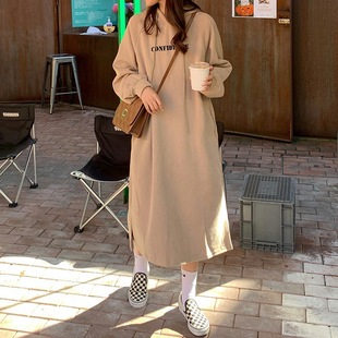 2025 Autumn and Winter New Korean Style Velvet Thickeneded Letter Printed Hooded Sweatshirt Long Knee-Length Large Size T-Shirt Skirt
