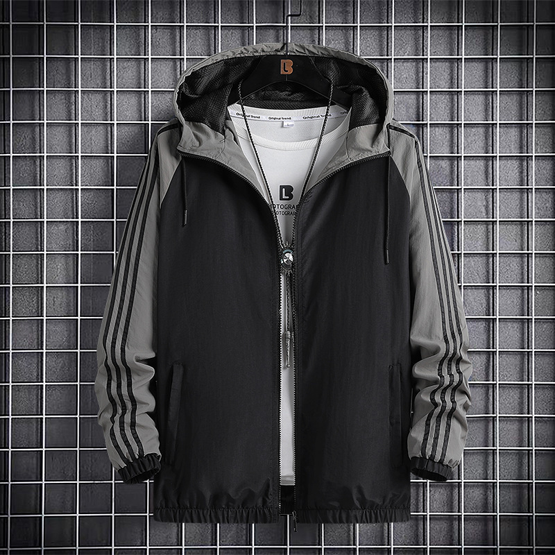 Plus-Size Spring and Autumn Men's Jacket, Loose Casual Outerwear for Young Men, Hooded Color-Blocked Versatile Trendy Men's Jacket