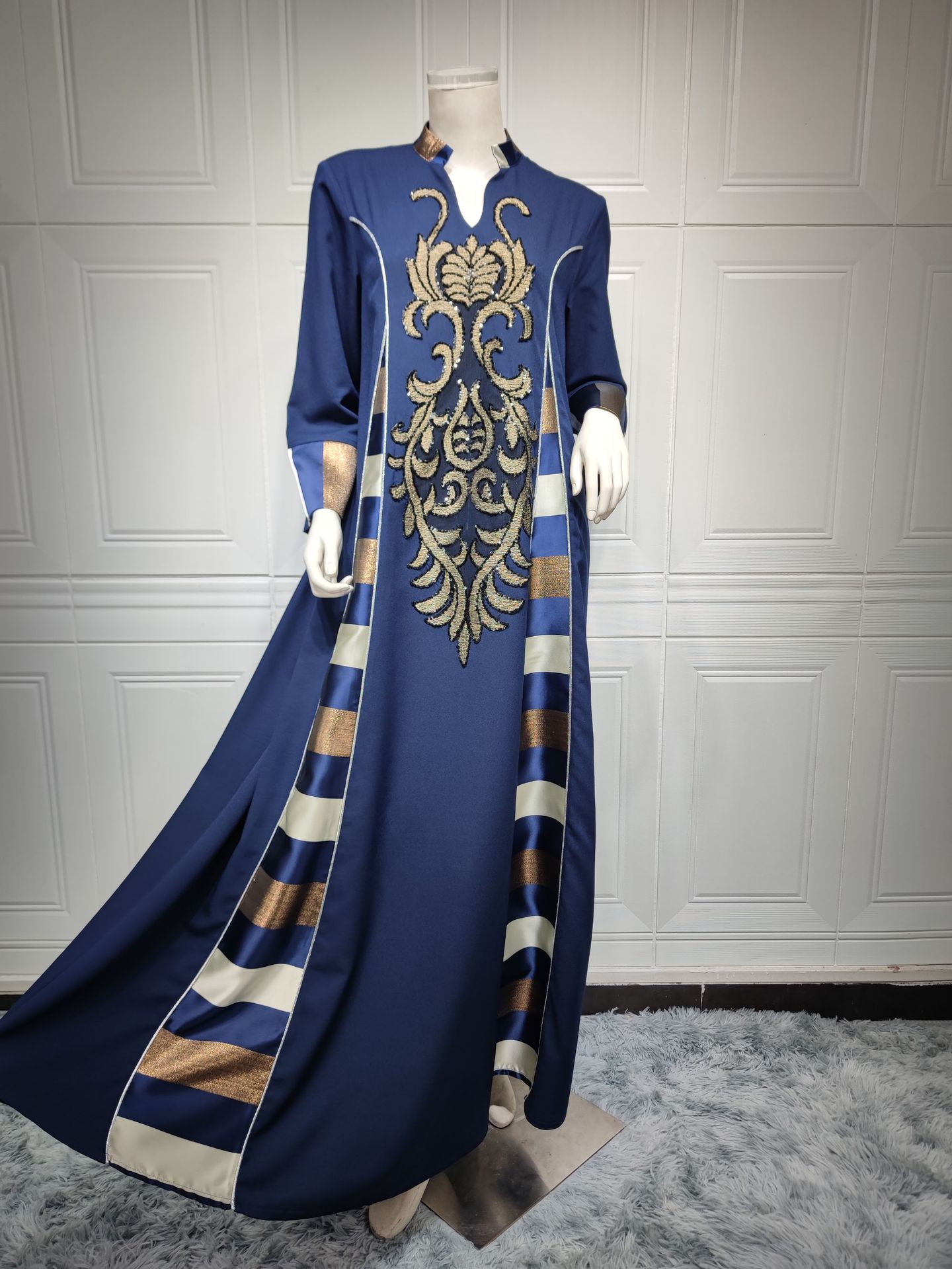 AB052跨境外贸中东女装绣花条纹abaya穆斯林阿拉伯迪拜muslim长袍详情54