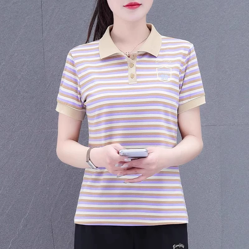 Летняя женская футболка с коротким рукавом, поло в полоску, повседневный свободный облегающий топ с воротником и короткими рукавами