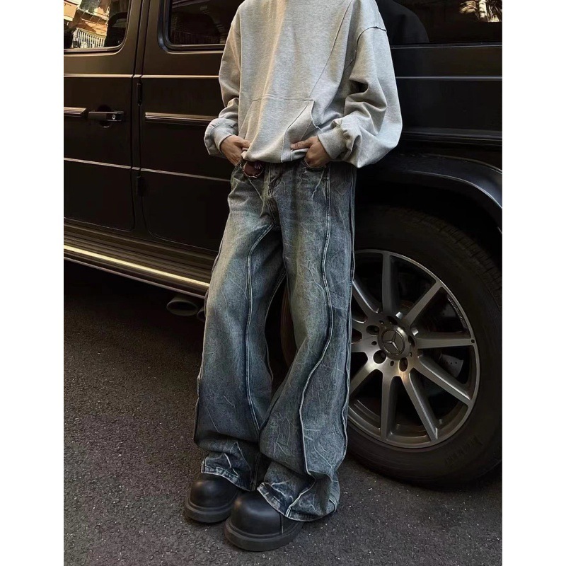 Amerikanische High Street Jeans mit geradem Bein und Lichtmuster und Micro-Pull-Wash-Spleißen-Design, vielseitig und stilvoll_voghion.com