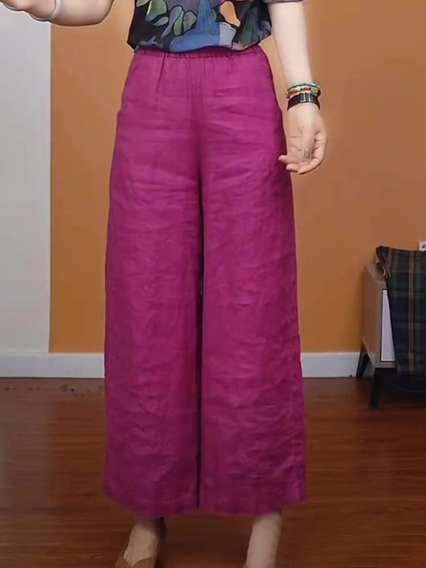 European Style Linen Wide-Leg Pants for Women, Summer Loose Fit, Plus Size, Slimming, High-Waisted, Drapey, Casual Straight Cotton-Linen Cropped Pants