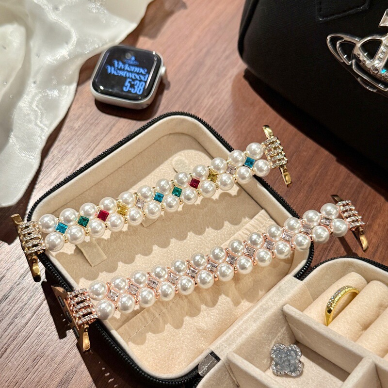 Pearl Colored Diamond Single-Loop Watch Band Suitable for Apple Watch S10 S11 Huawei Fit4 Gt6 Xiaomi 10 Wristband